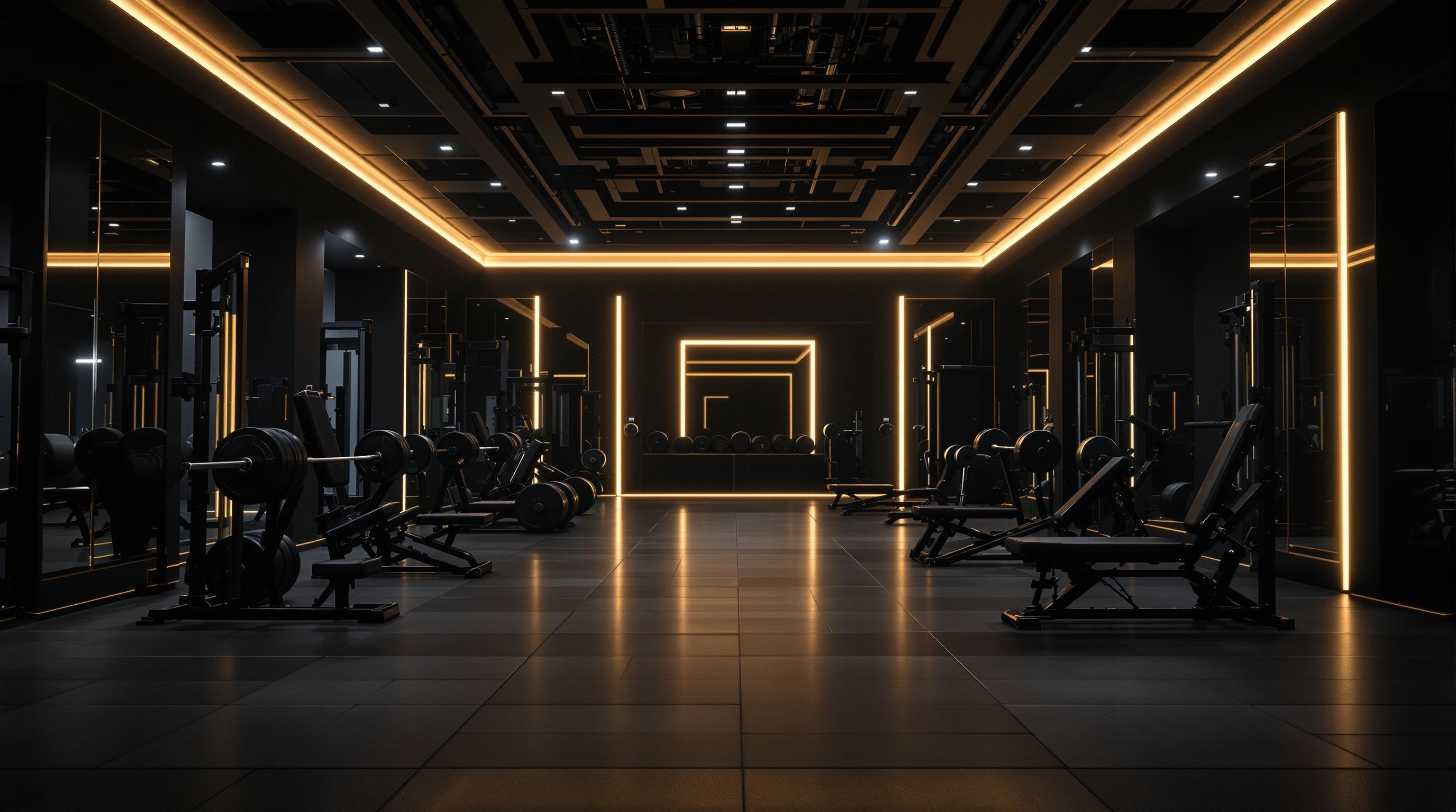 Premium fitness gym with gold lighting