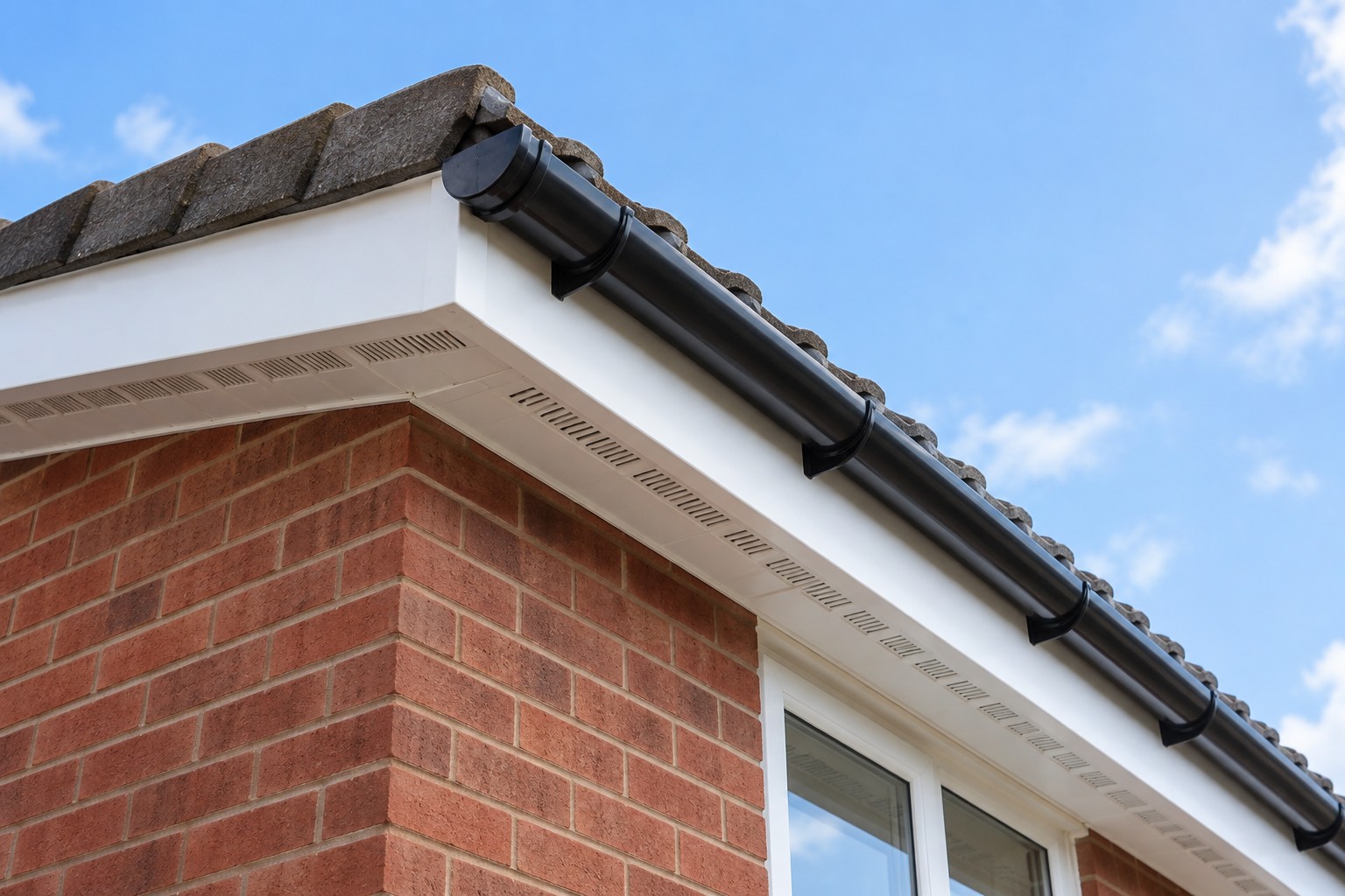 White fascia, soffit and black guttering on a brick house