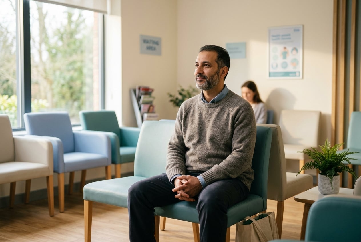 A person waiting calmly and hopefully in a bright NHS-style clinic waiting area