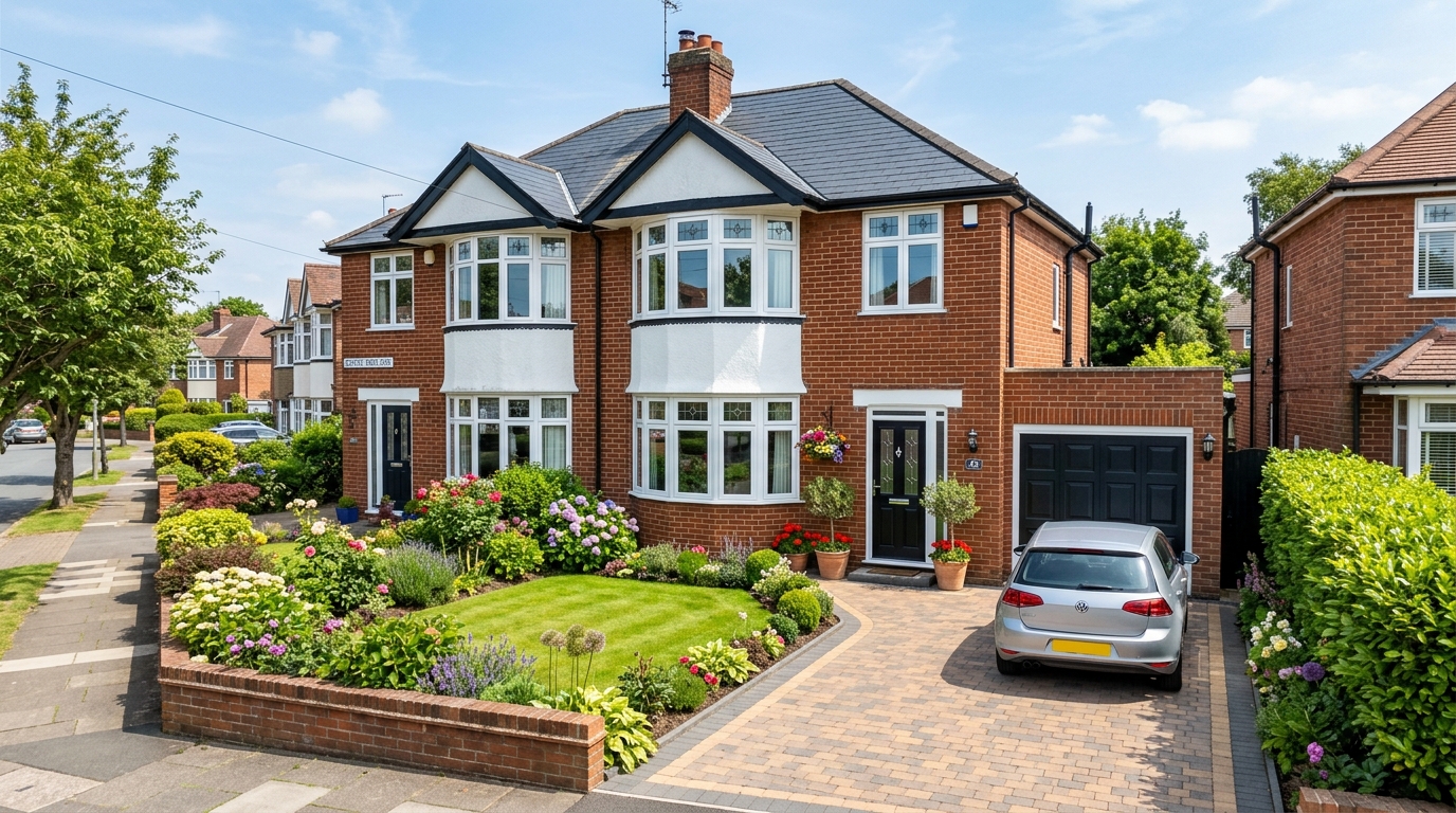 Well-kept UK house exterior with neat garden