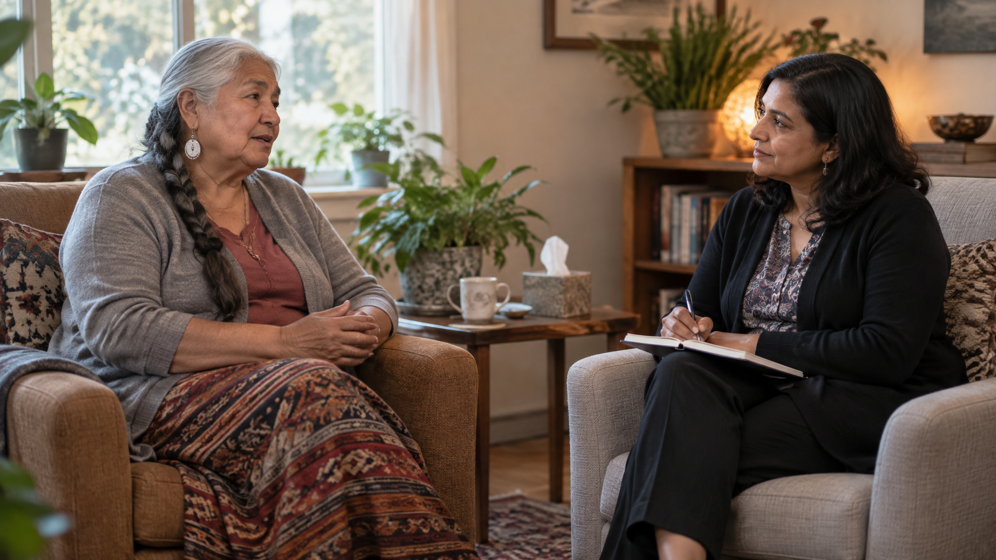 A woman veteran with a long gray braid talking with a female psychologist in a calm therapy office