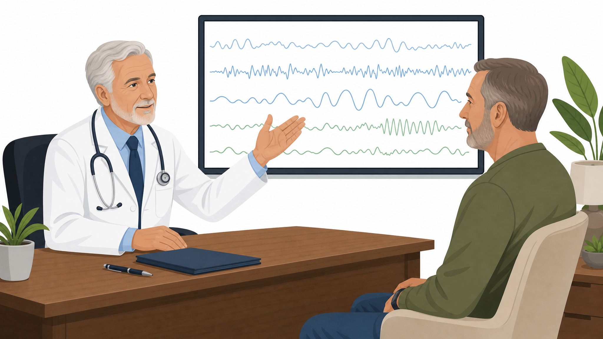 Medical illustration of a sleep-medicine physician consulting with a veteran patient beside a screen showing an abstract sleep-study tracing