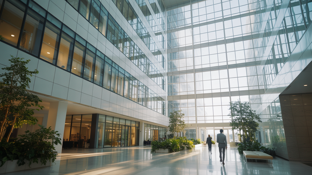Modern glass office building atrium with natural light