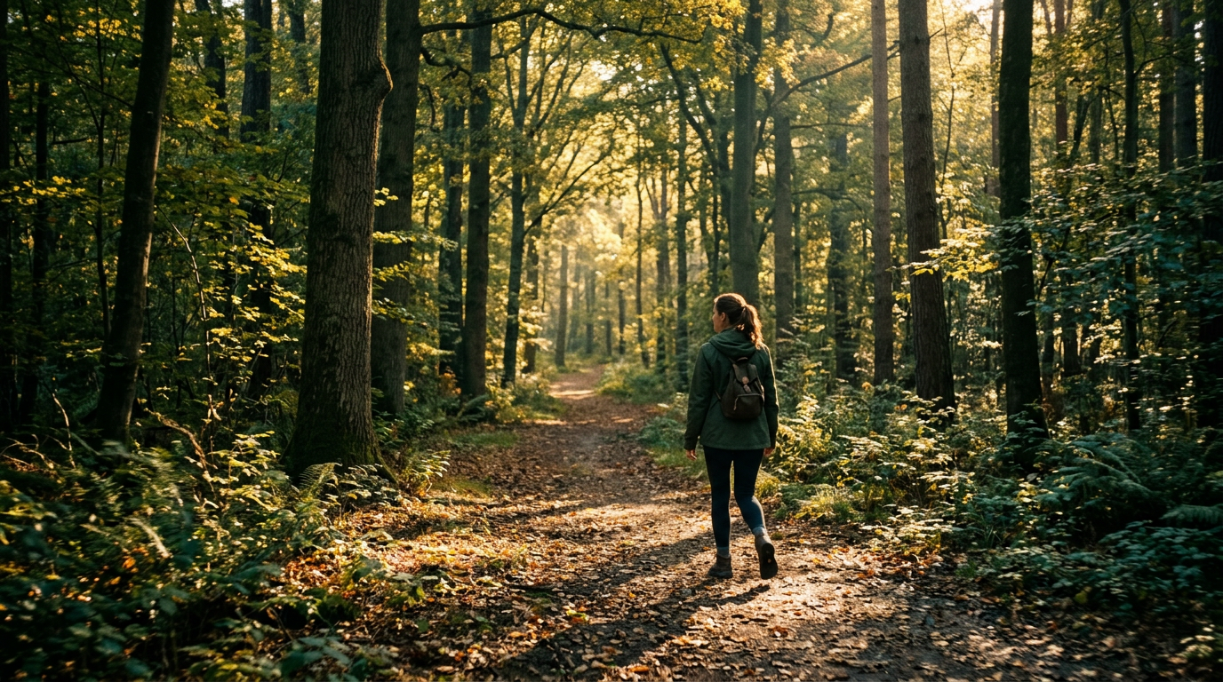 Caminhada solitária em trilha de floresta com luz dourada matinal