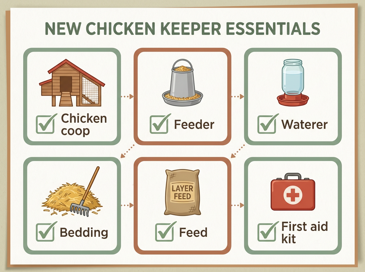 Visual checklist for new chicken keepers showing essential items: coop, feeder, waterer, bedding, feed, and first aid kit