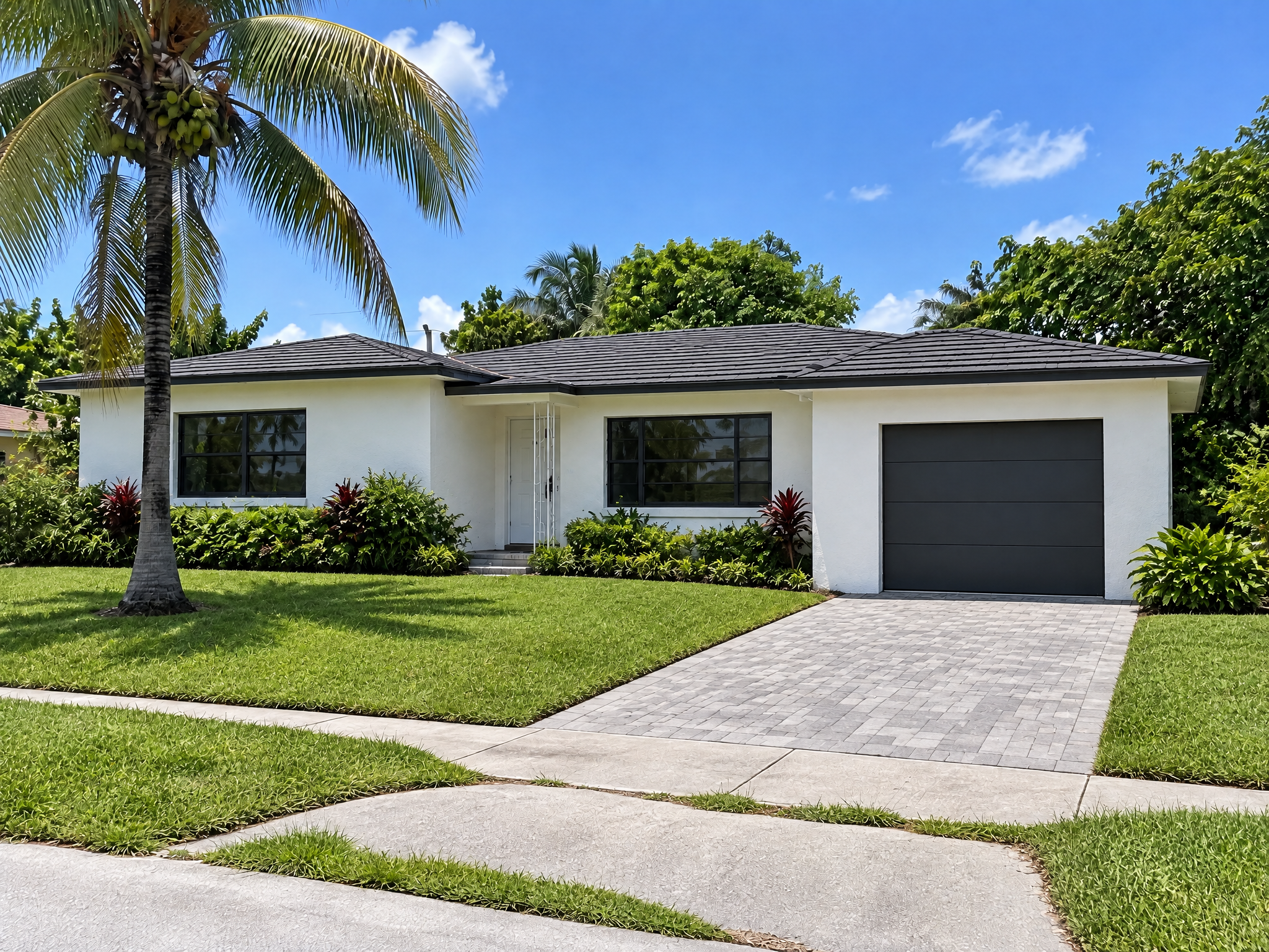 Same Miami house after a full fix-and-flip renovation with white stucco, impact windows and new roof