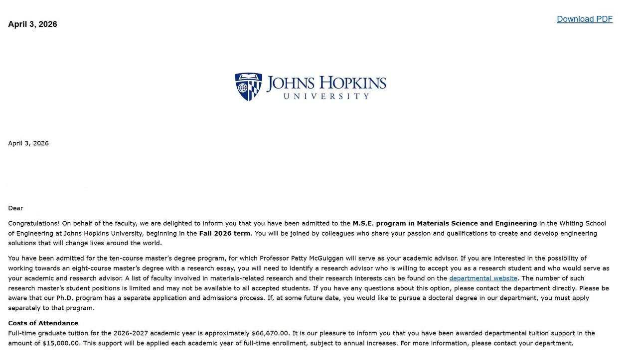 Johns Hopkins University admission letter