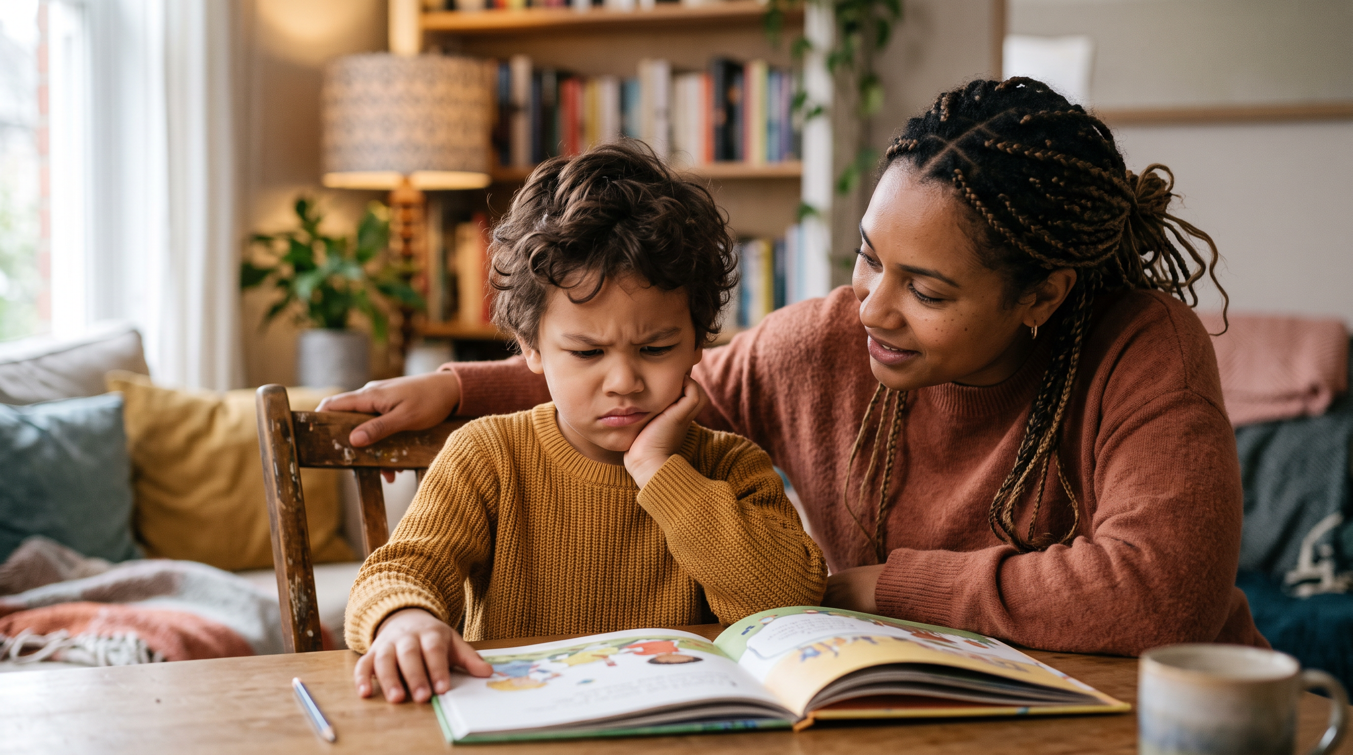 Young child frowning at a book while a supportive parent offers reading help in Highland Village TX