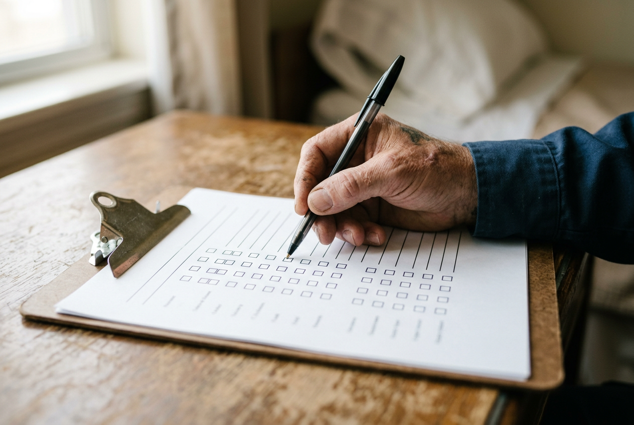 A veteran's hand holding a pen poised over a blank grid-based assessment form on a clipboard
