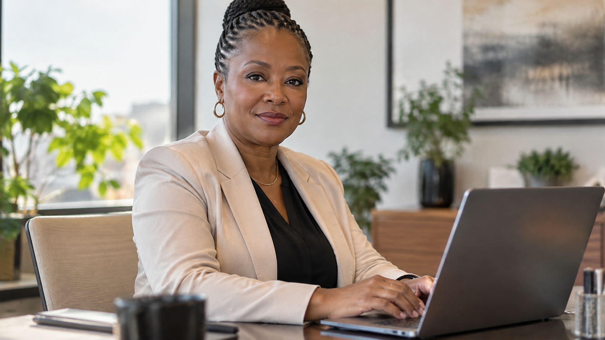 A woman veteran sitting composed at her office desk at work with a laptop open