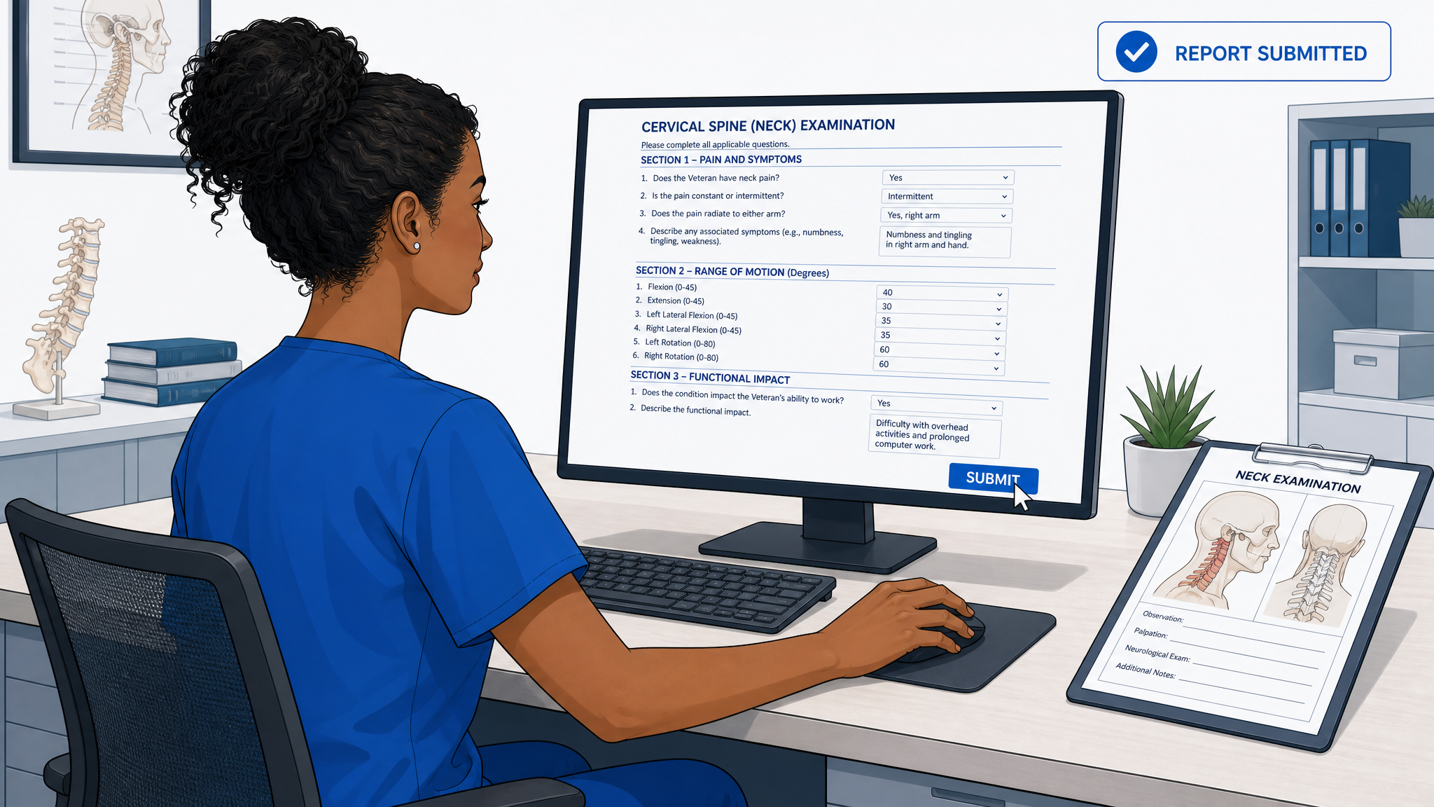 Examiner at a desk completing and submitting the exam questionnaire