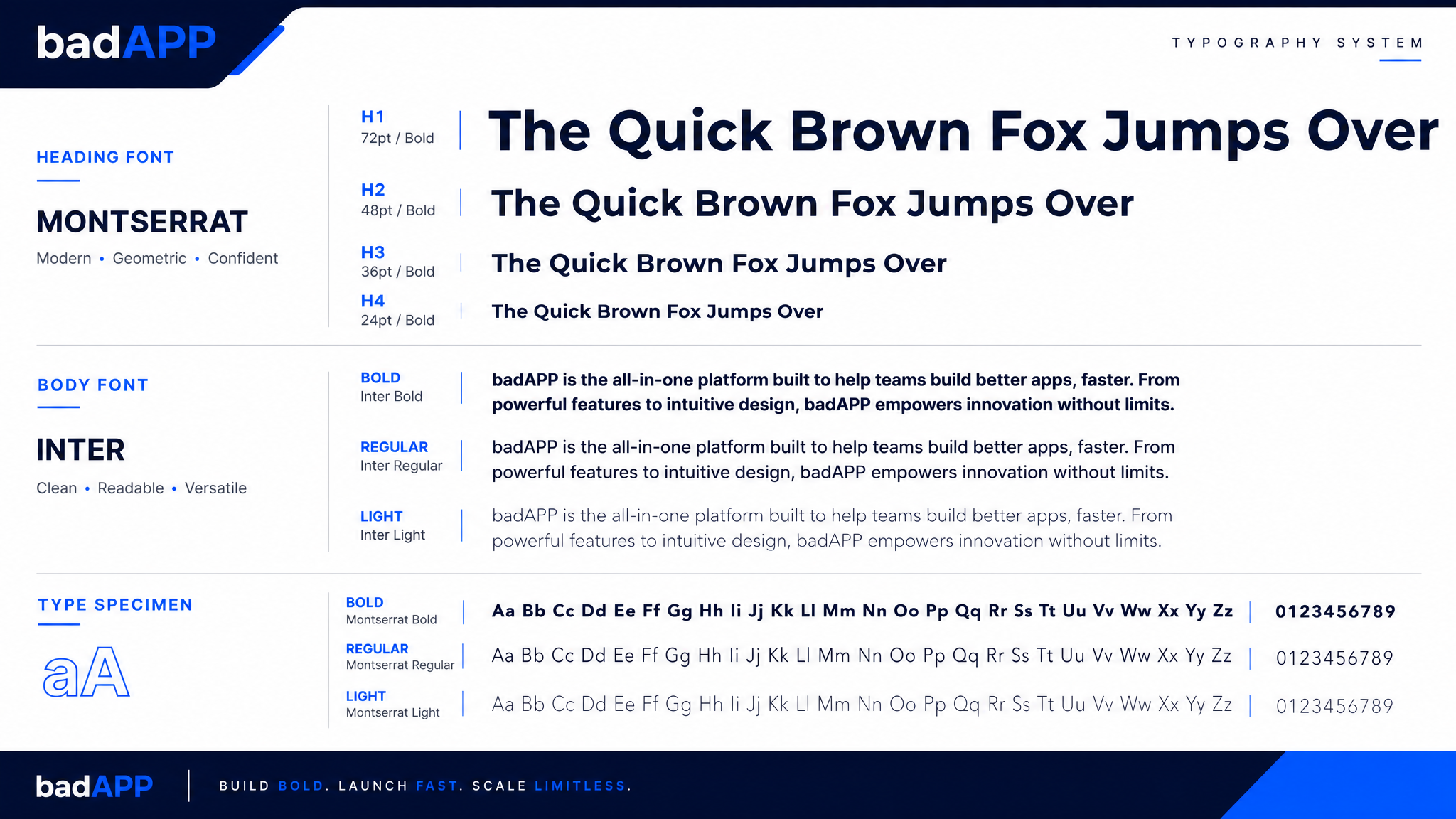 badAPP typography specimen showing Montserrat and Inter typeface hierarchy