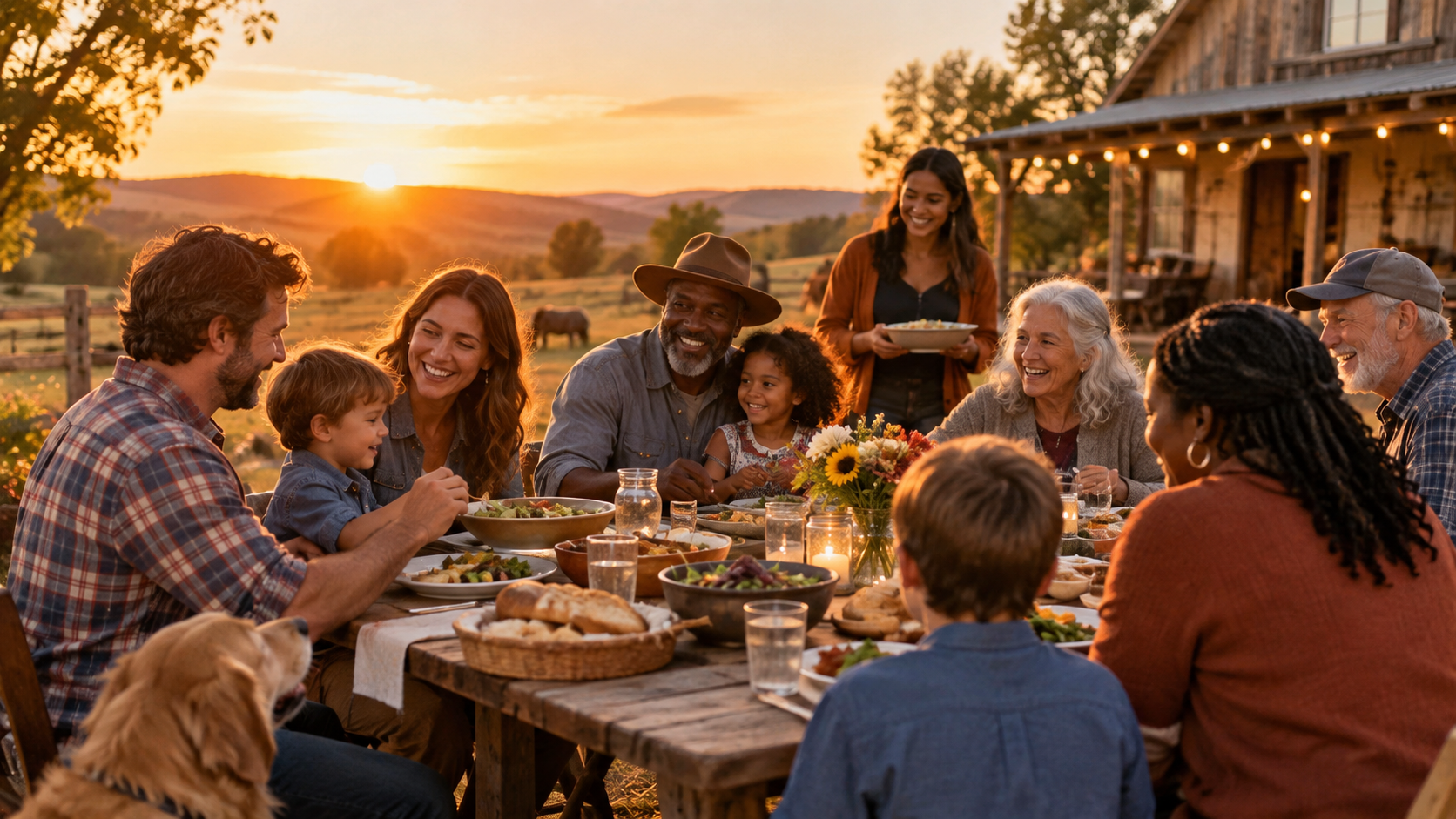 A warm gathering of friends and neighbours sharing a meal outdoors at golden hour, a picture of welcoming community