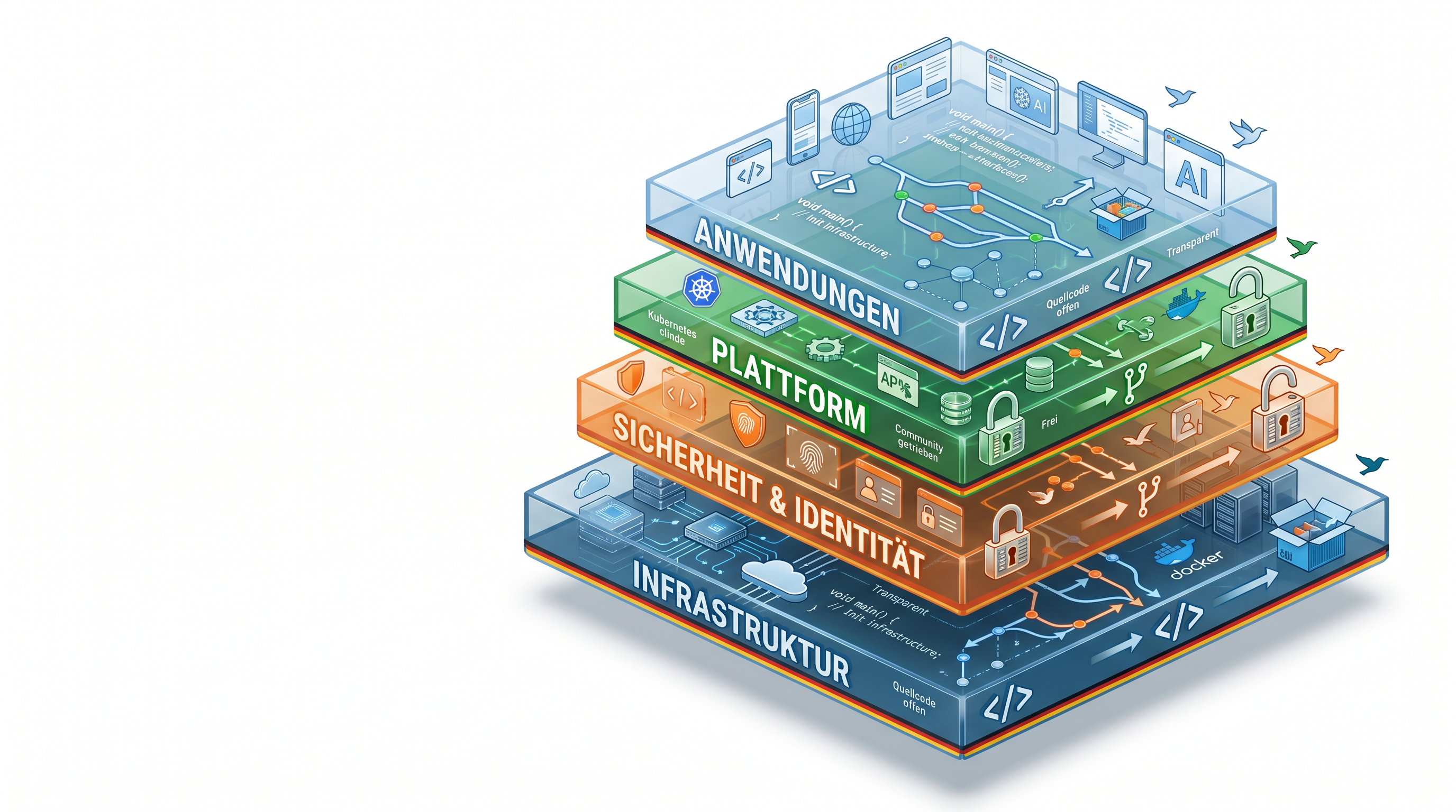 WällerIT Open Source IT Stack Visualisierung mit 4 Ebenen: Infrastruktur, Sicherheit, Plattform, Anwendungen