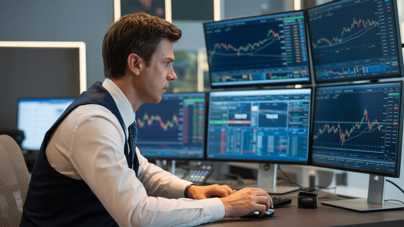 Professional multi-monitor trading desk setup with financial charts