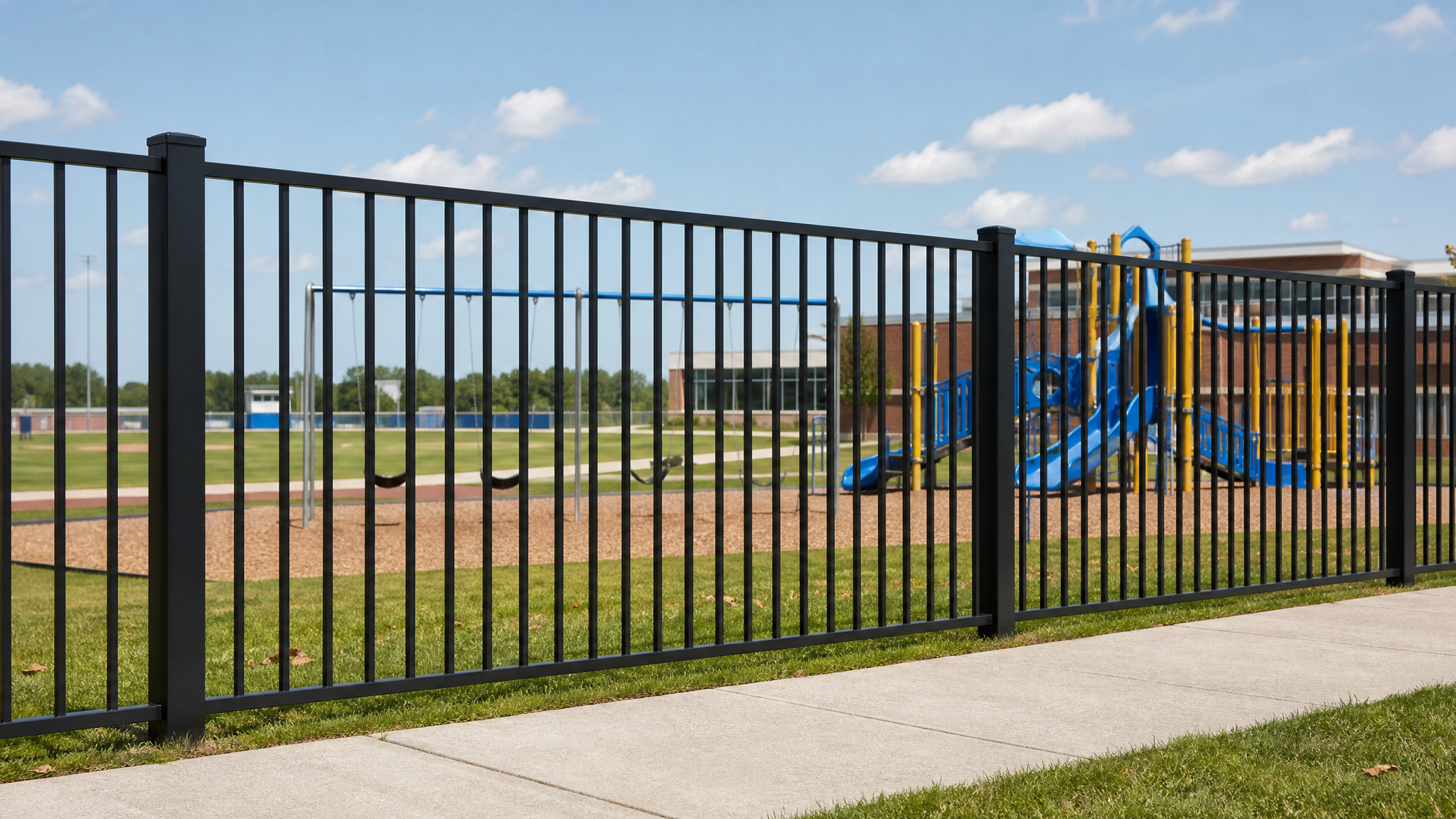 C200 Commercial flat-top welded steel fence bordering a school playground and athletic field