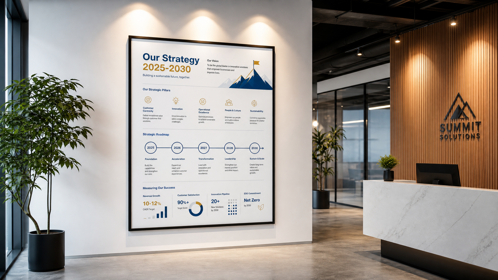 Gallery-style framed infographic on a white wall in a premium office reception