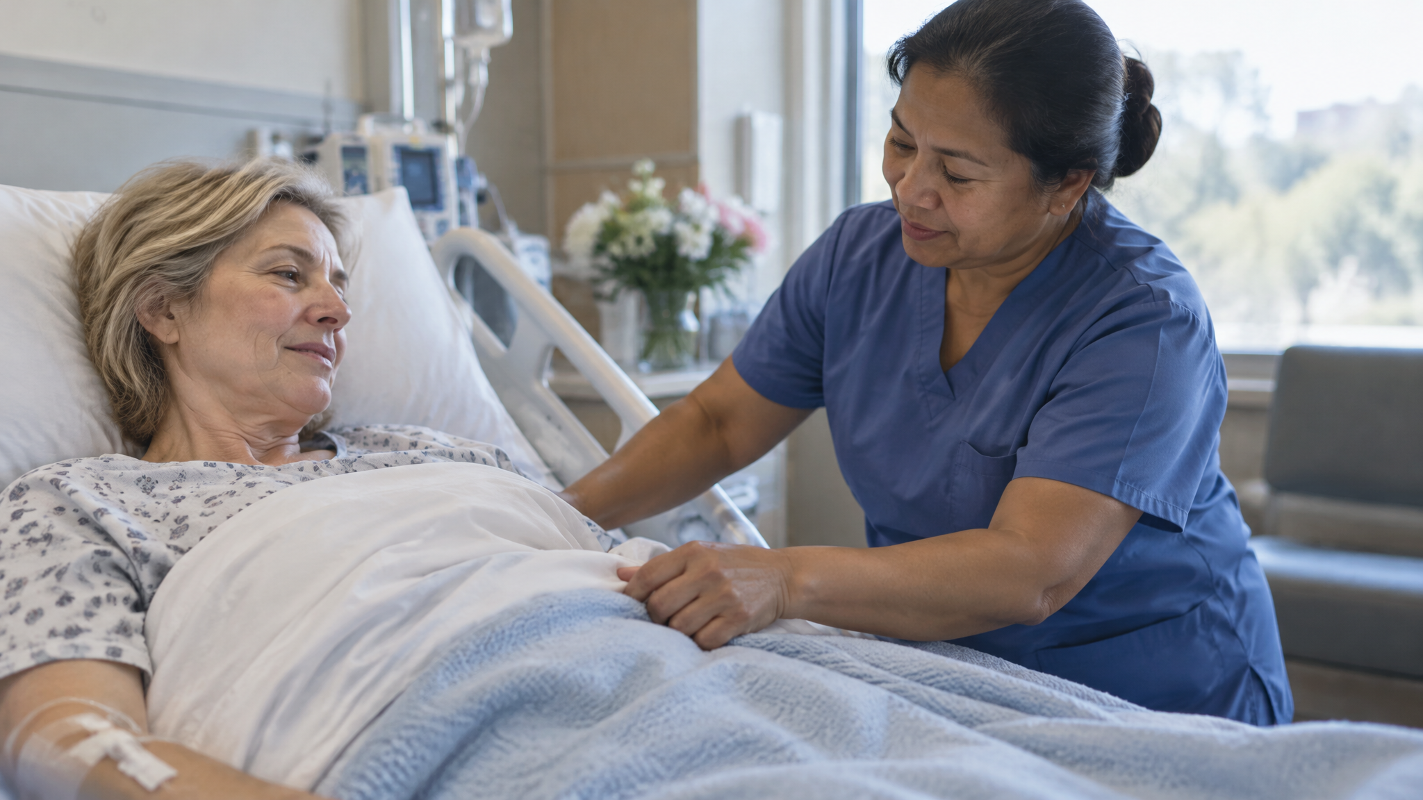 A woman veteran in her late fifties resting in a recovery room bed while a female nurse adjusts her blanket