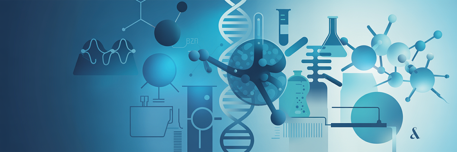 Blue abstract scientific image with molecular structures and pharmaceutical elements