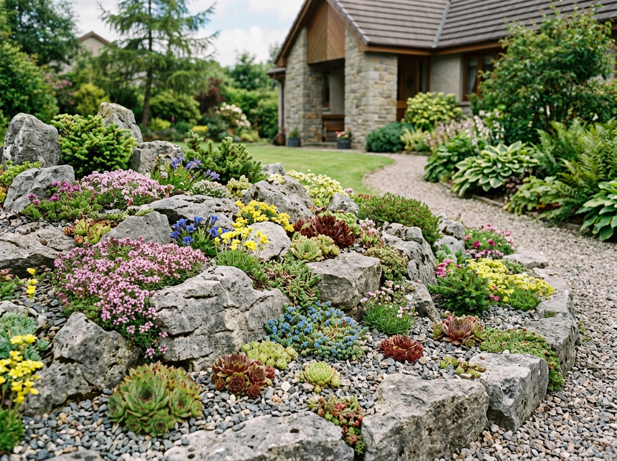 Rock garden with alpine plants and gravel mulch