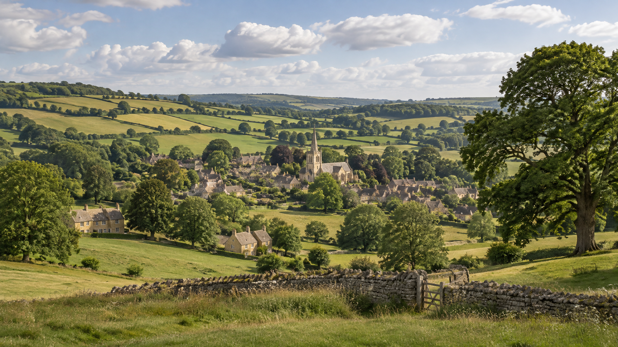 Rolling green countryside of Northamptonshire and Warwickshire