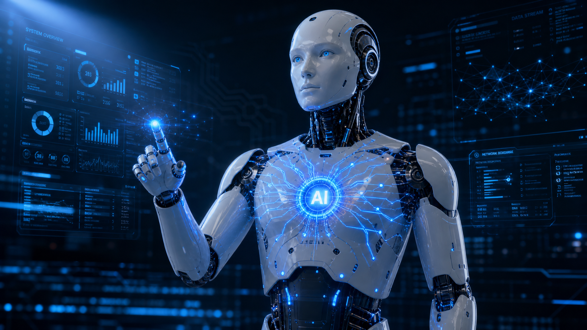 Futuristic AI robot with glowing blue core and neural network connections