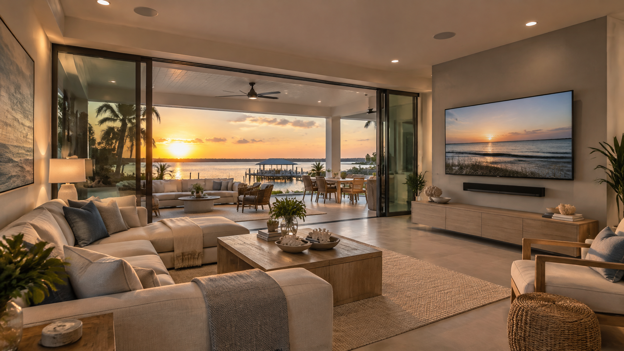 Coastal home living room and patio with in-ceiling and outdoor speakers