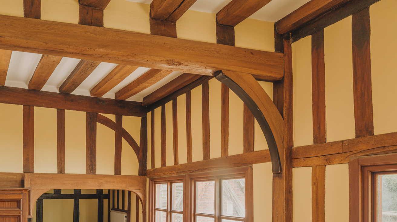 Interior of heritage building with exposed oak ceiling beams after restoration