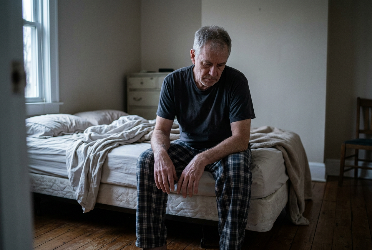 An older man sitting slumped on the edge of an unmade bed at early dawn, staring blankly at the floor