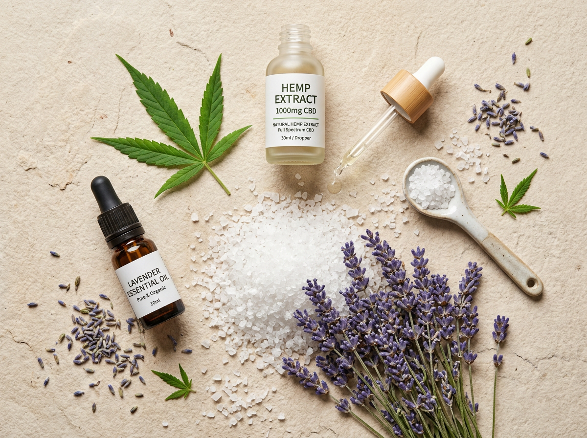 Natural CBD bath soak ingredients flat lay: Epsom salts, hemp extract, lavender and essential oils