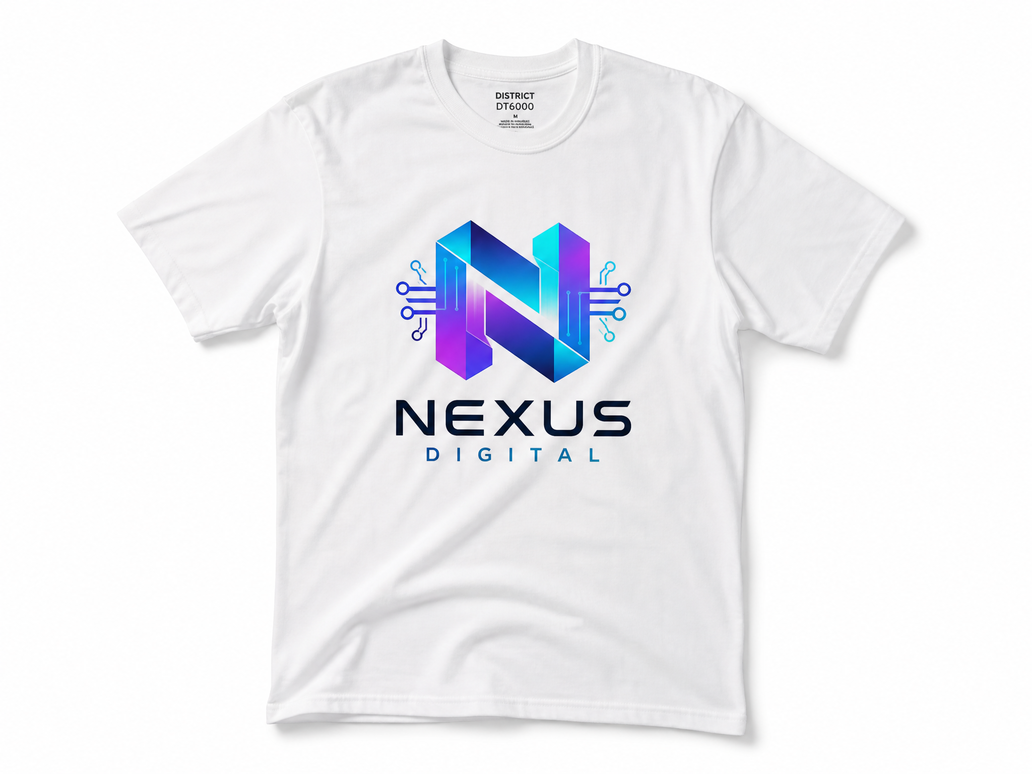White t-shirt with full-color company brand DTF logo