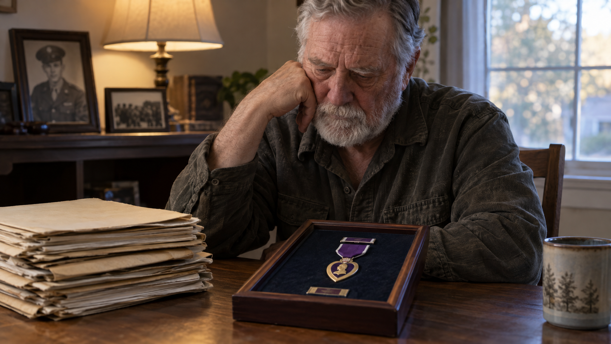 CRSC combat-related: an older combat veteran beside his Purple Heart and his service records