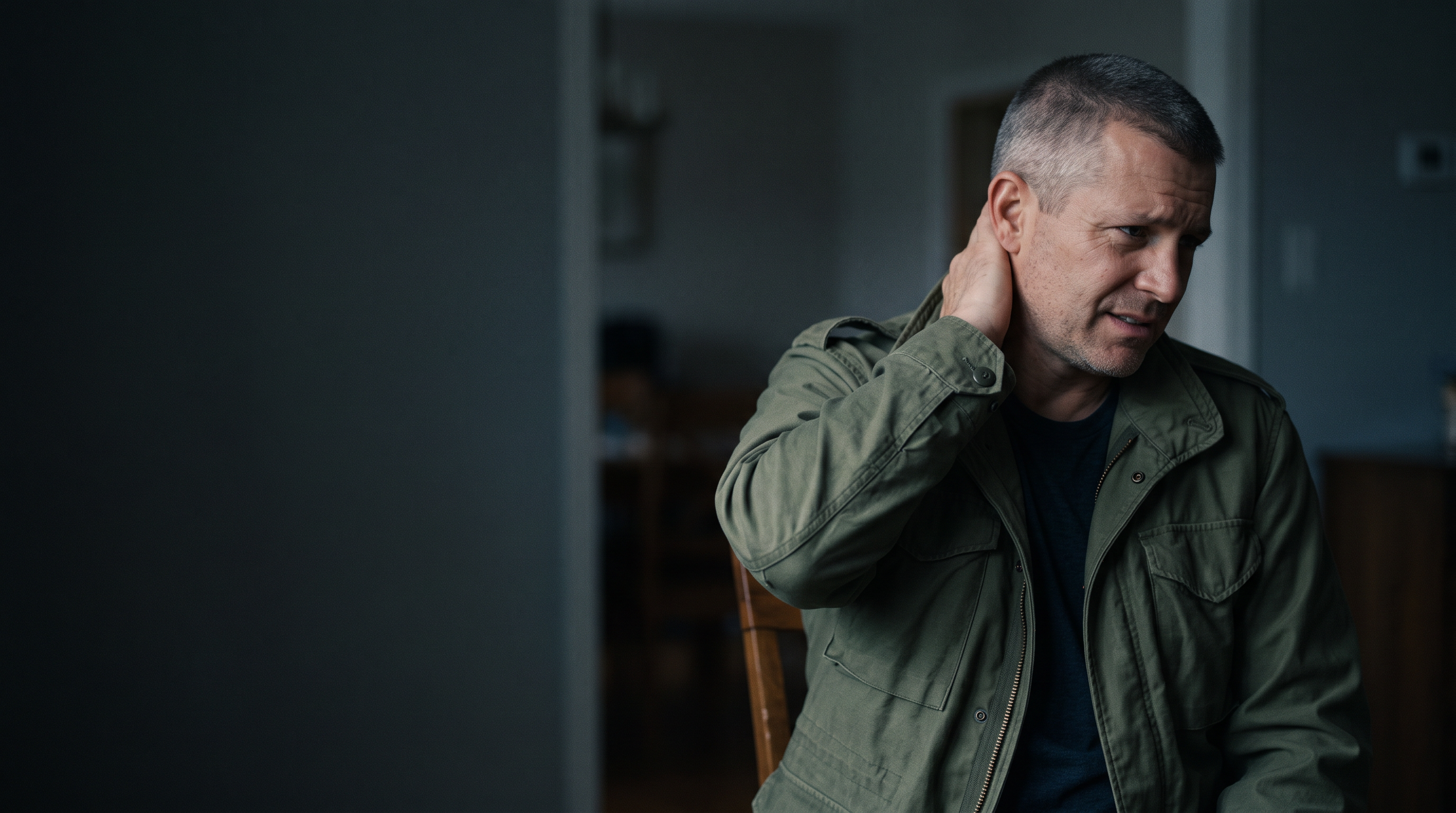 A middle-aged male military veteran in an olive field jacket seated in a dim room, one hand raised to the back of his neck at the base of the skull with a pained, concerned expression, conveying cervical spinal-cord trouble