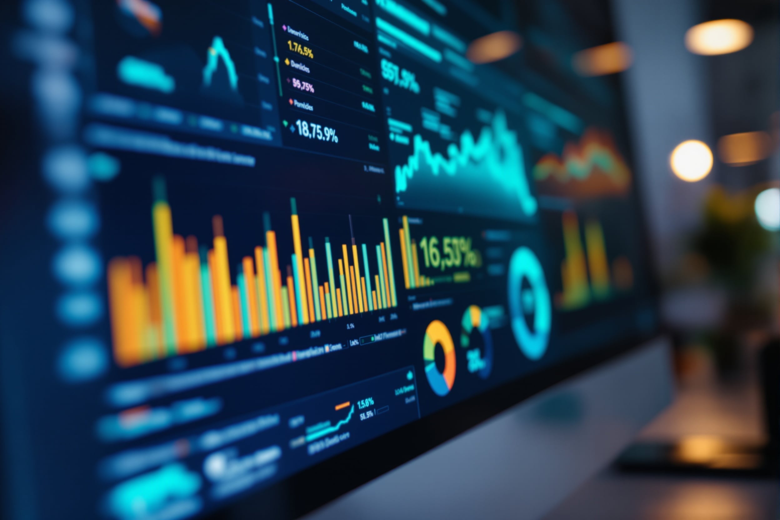 Data analytics dashboard with charts and teal accent lighting