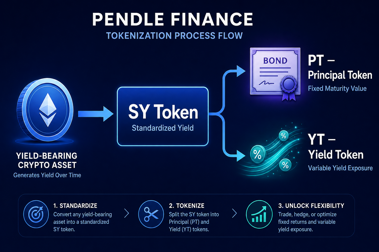 Pendle Finance PT YT token split diagram — how yield-bearing assets are tokenized into principal and yield components