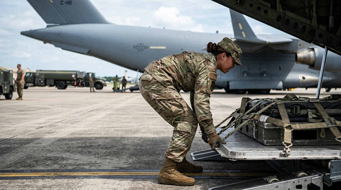 A Southeast Asian woman U.S. Air Force airman in her late twenties pushing and lifting heavy cargo pallets on a flightline near a transport aircraft, bent at the waist with the lower back straining