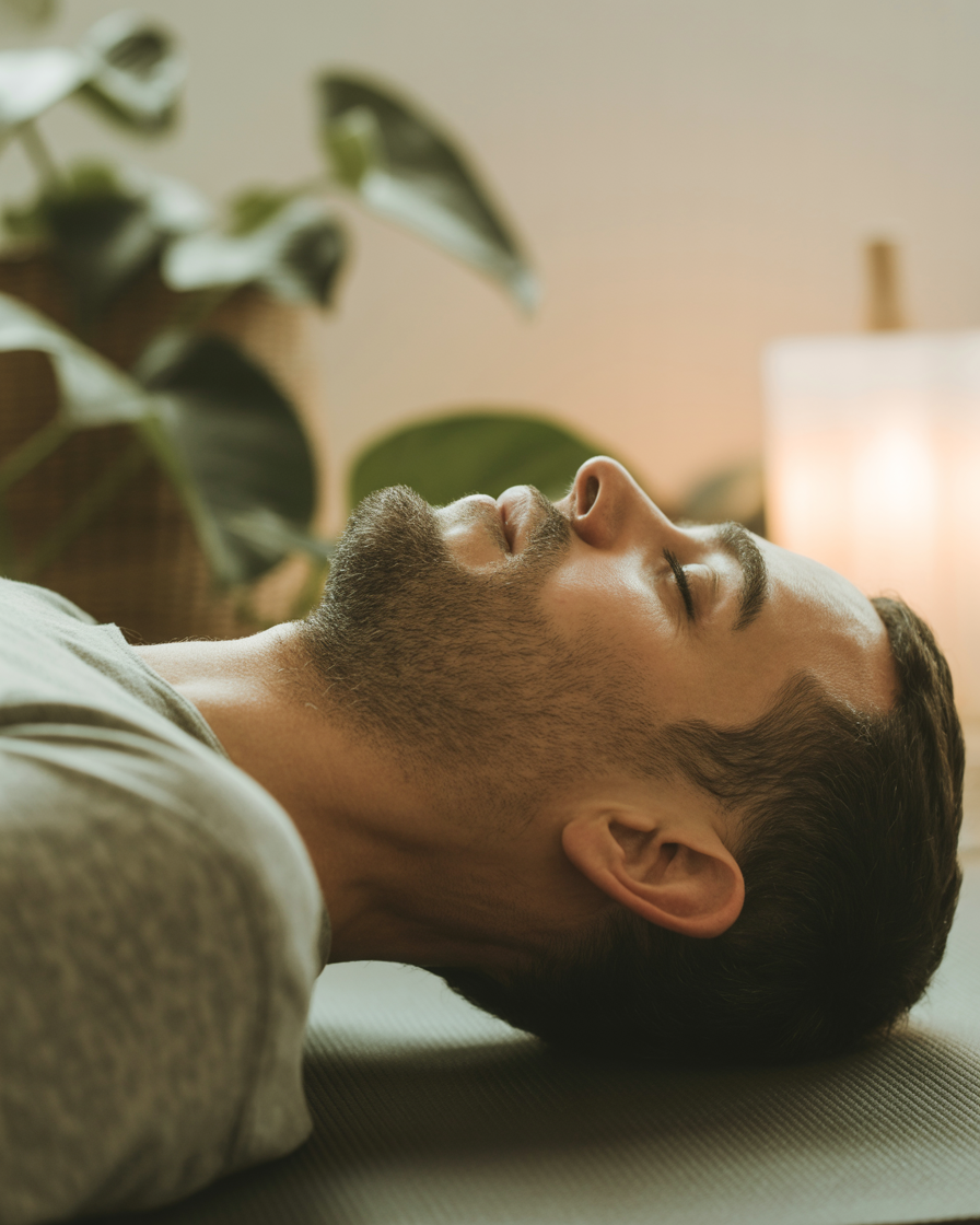 Hombre relajado en sesión de breathwork con expresión serena