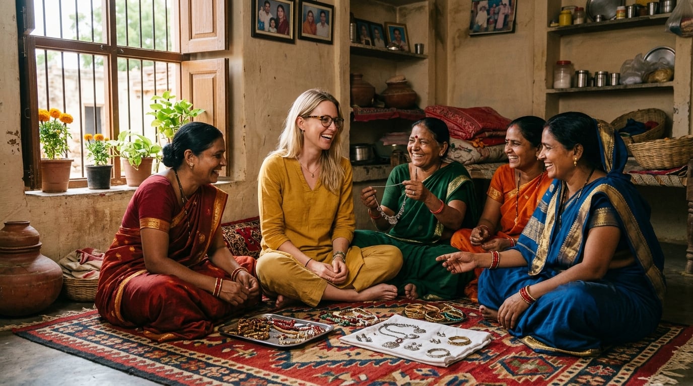 Liz sitting with local women in a village in India
