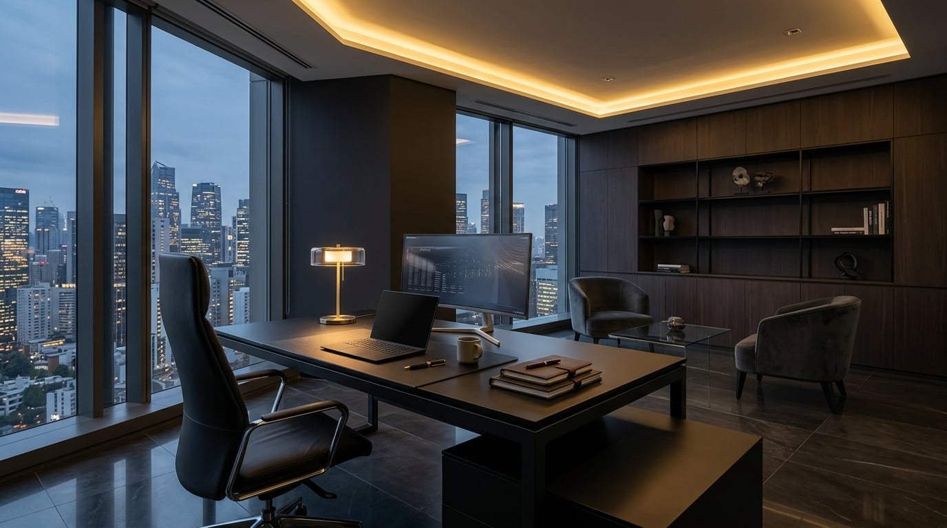 Escritório premium da SARGES Studio com iluminação dourada sofisticada