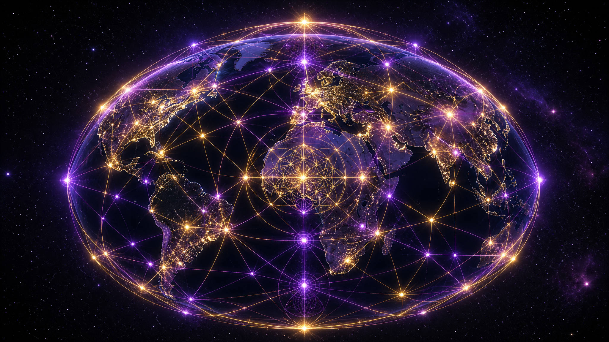 Terra com malha de energia geométrica conectando pontos sagrados
