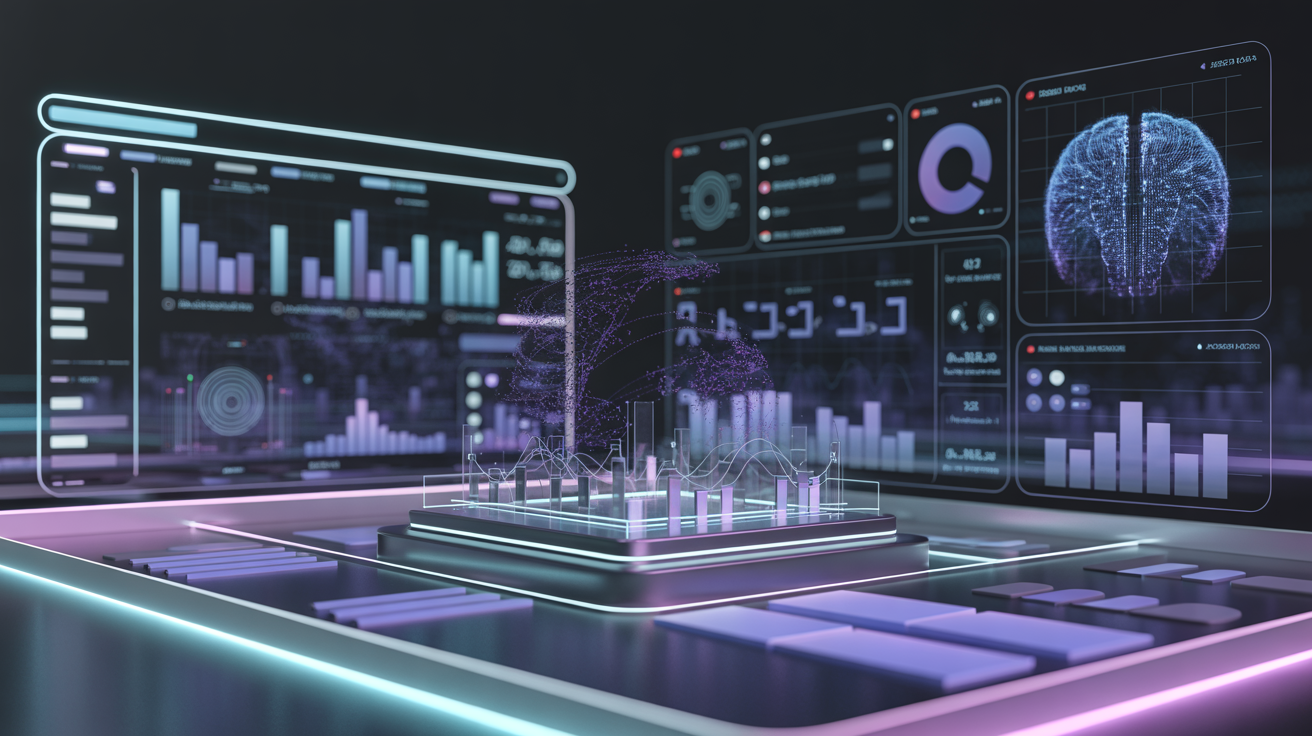 AI-powered business analytics dashboard showing futuristic data visualization
