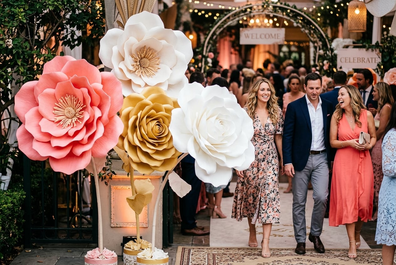 Trio of giant freestanding foam flowers in coral, white, and yellow at a party entrance welcoming guests