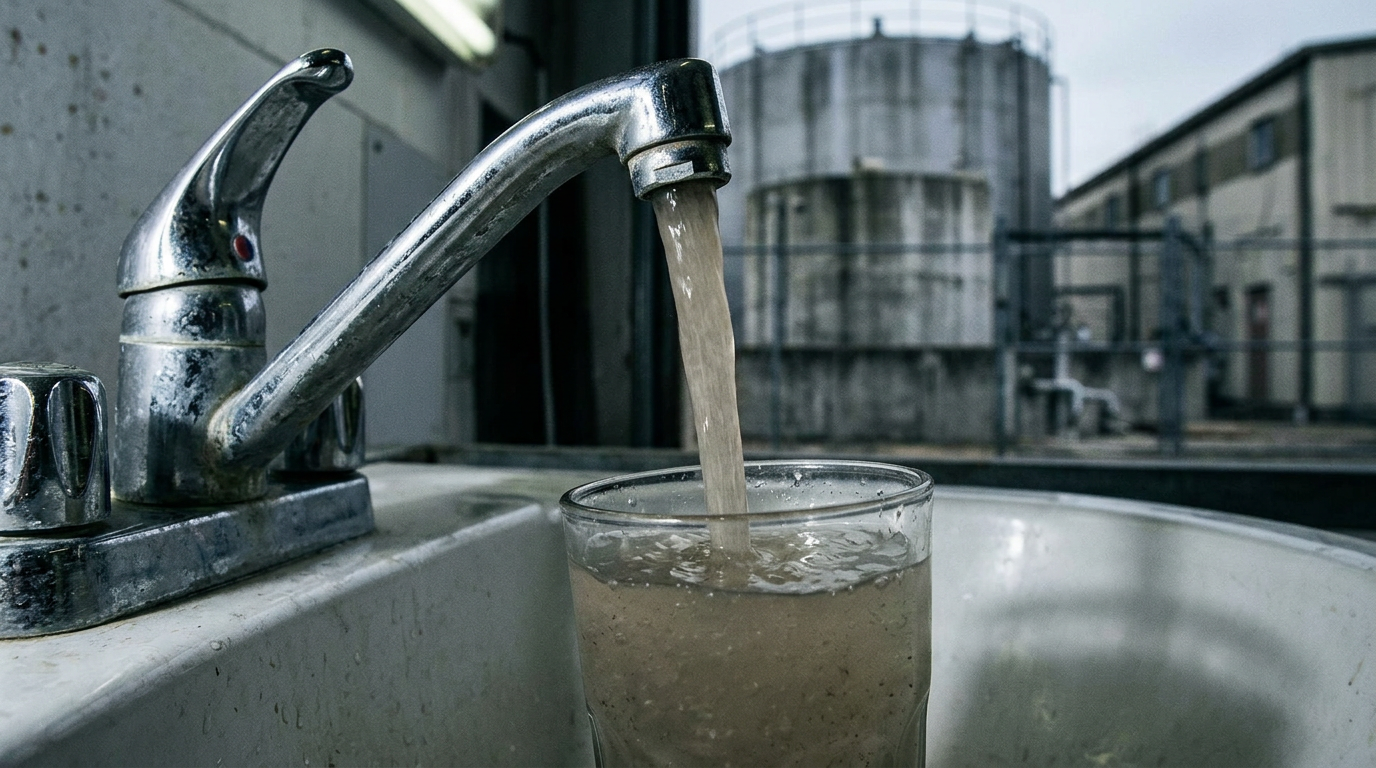 Cloudy contaminated water pouring from a faucet, representing the toxic drinking water at Camp Lejeune