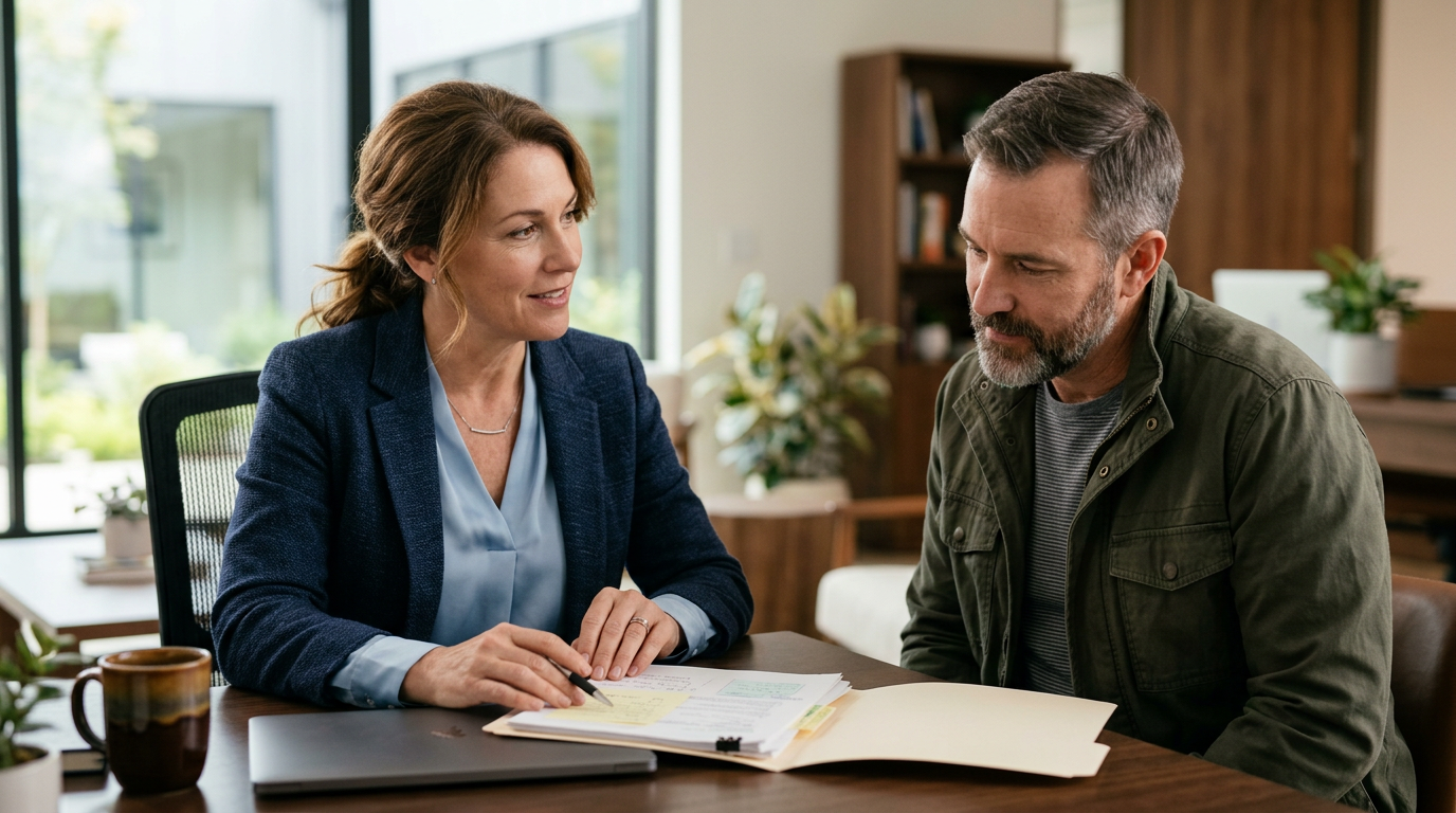 An accredited VA claims agent reviewing claim paperwork with a veteran