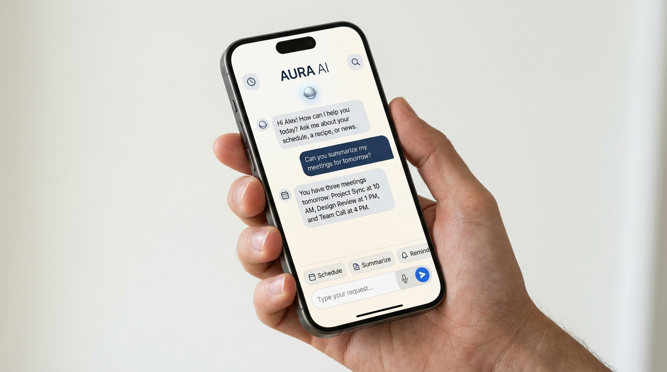 Smartphone displaying an AI assistant app interface held in hand