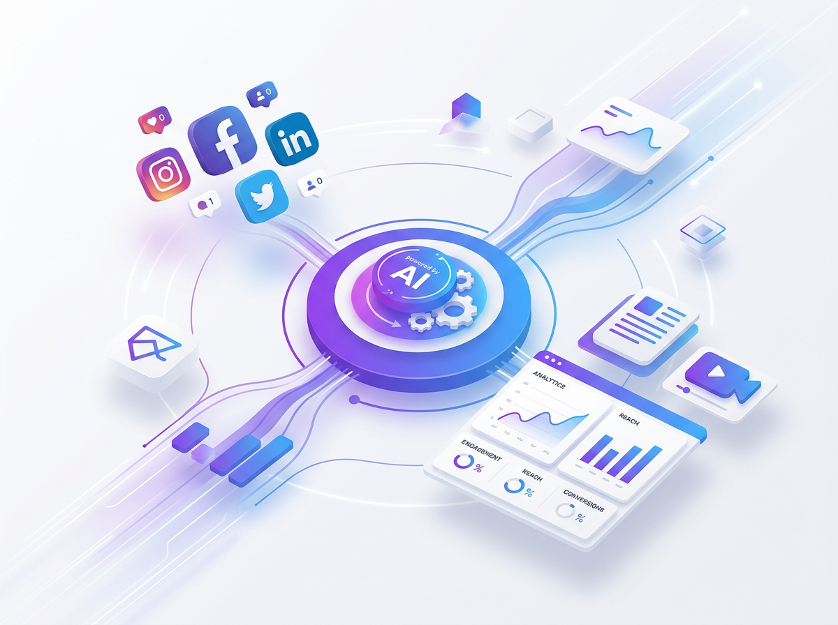 AI marketing automation dashboard with social media icons