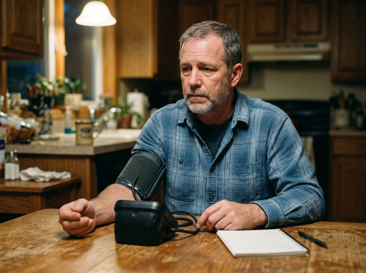 White male veteran sitting at his kitchen table at home taking his own blood pressure with a home monitor cuff on his upper arm