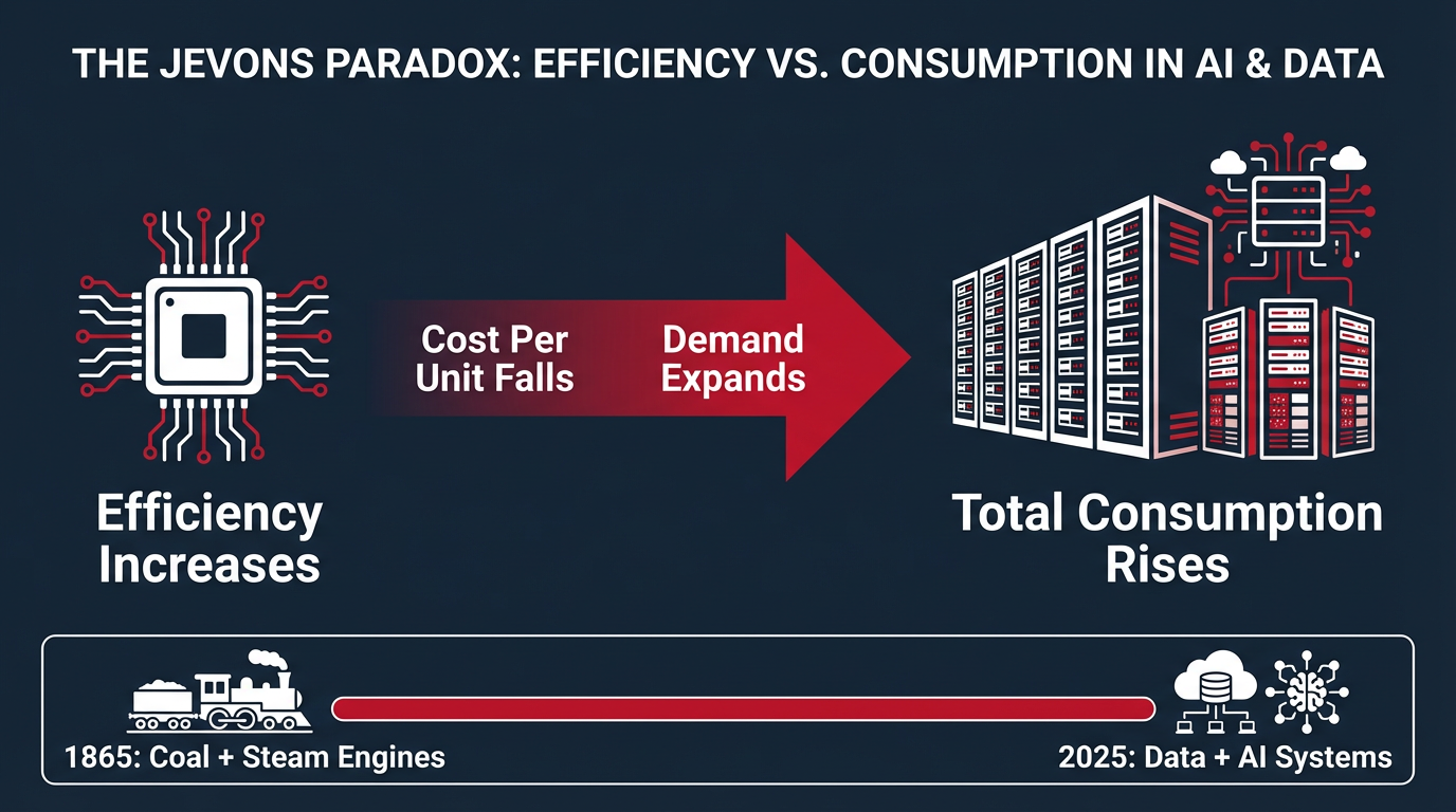 Infographic illustrating the Jevons Paradox applied to AI: efficiency increases lead to cost reduction, demand expansion, and rising total consumption, paralleling coal and steam engines in 1865 with data and AI systems in 2025