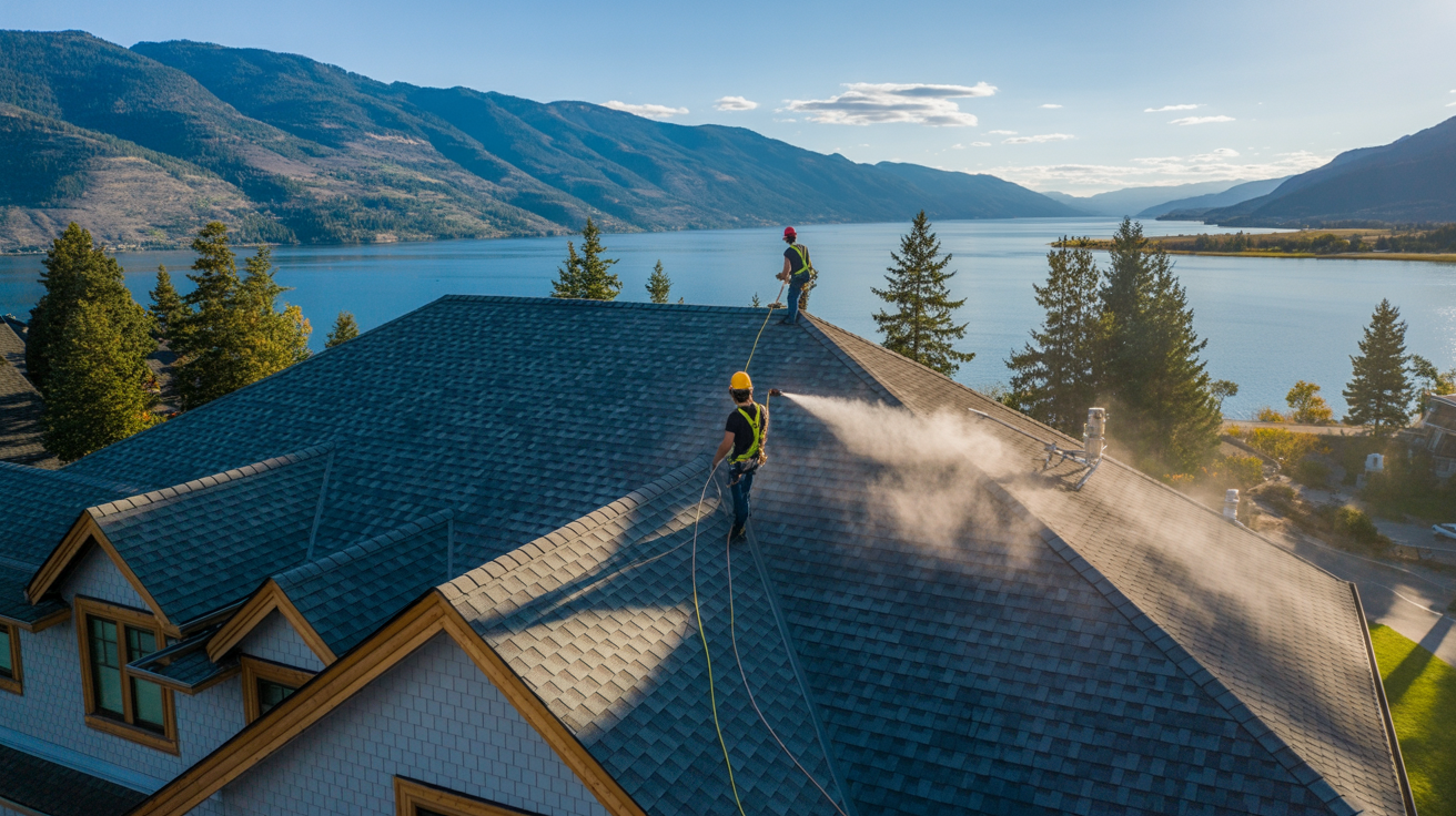 Professional roof rejuvenation service in action on a beautiful home in the Okanagan valley