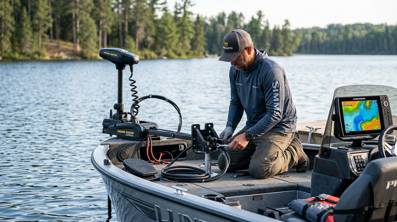Angler installing a Minn Kota Ulterra bow-mount trolling motor with sonar display on a fishing boat